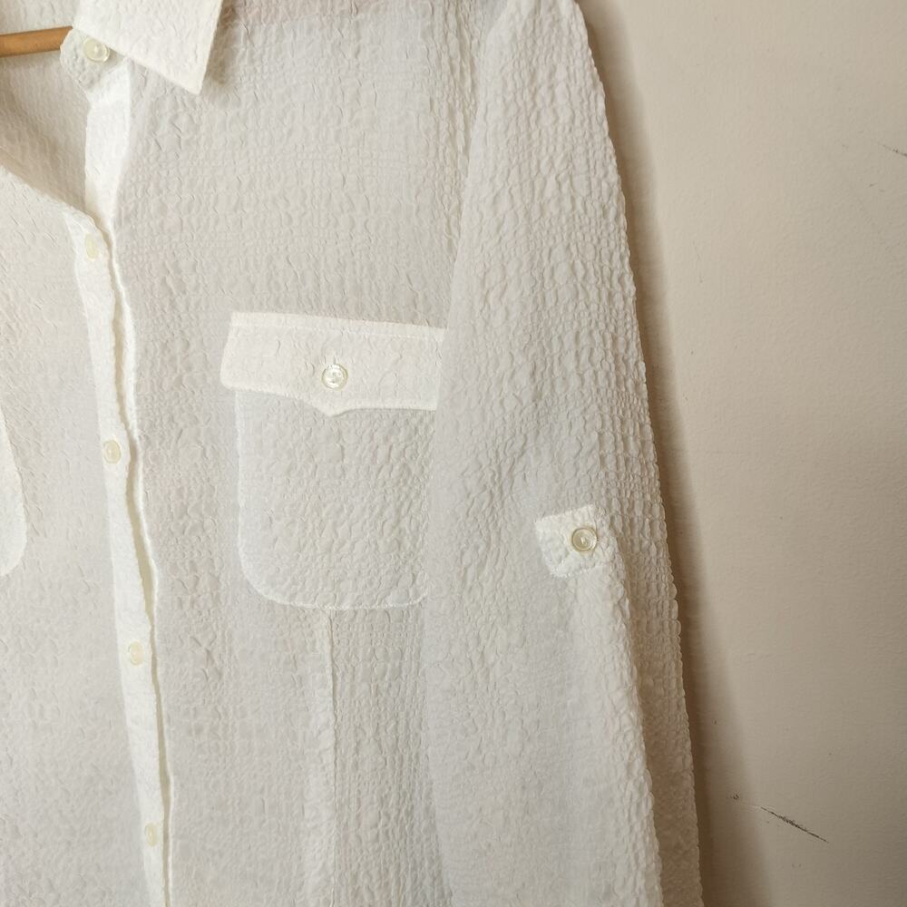 Evan Picone White Button Up Shirt Crinkle Tab Sleeve - Picture 5 of 9